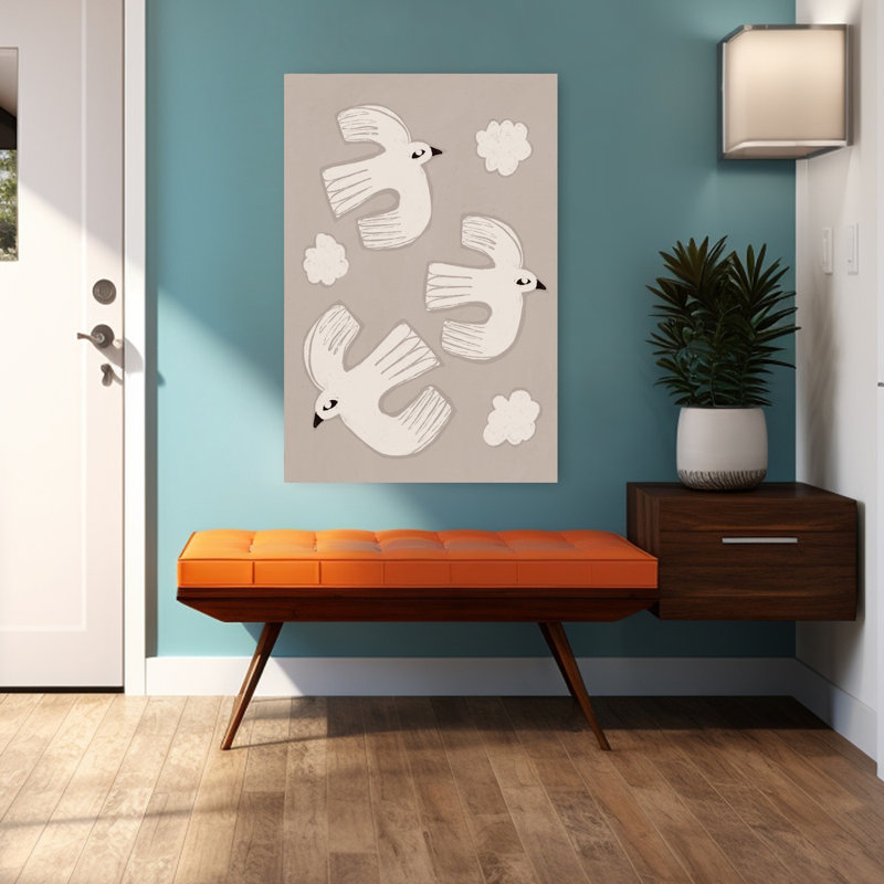 «Peaceful Birds White Flying Minimalist Modern Peaceful Bird Nature Landscape», reproduction d'art mural, 48" H x 32" W