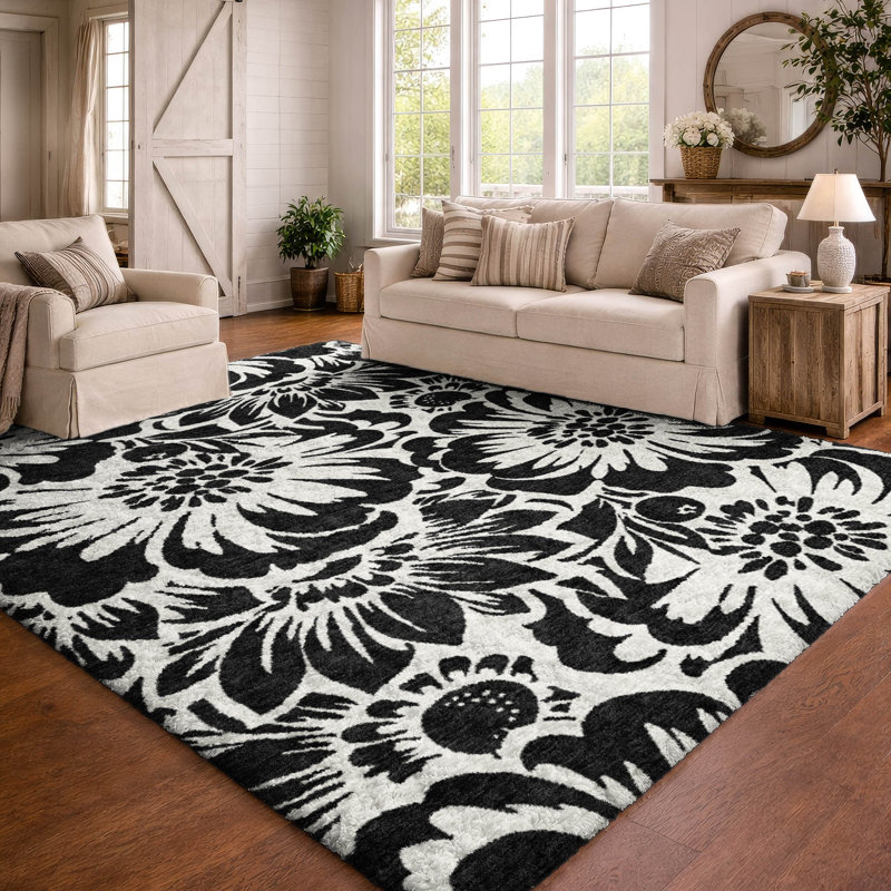 Premium Machine Washable Dream Shag ADS551 Floral Rug, 9' x 12', Black