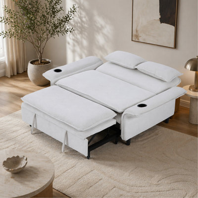 Canapé-lit multifonctionnel de 65,74 pouces en tissu rayé à lettres beige, idéal pour les chambres à coucher et les salons.  Les accoudoirs et les dossiers sont réglables.
