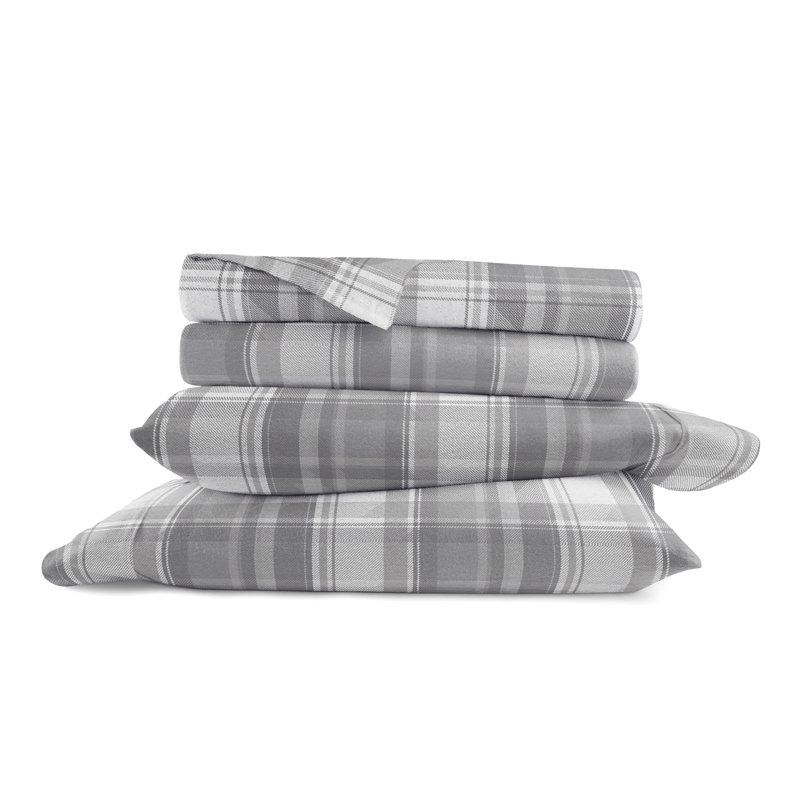 Ensemble de draps en flanelle de coton Varkala, Ensemble de draps pour grand lit, Gris clair / motif écossais