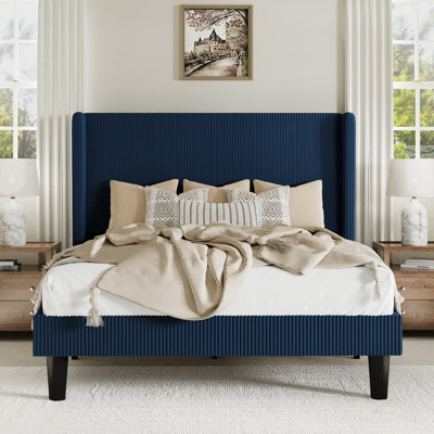 Ribbed Corduroy Platform Bed With Wingback Headboard And Wooden Slats, No Box Spring Needed