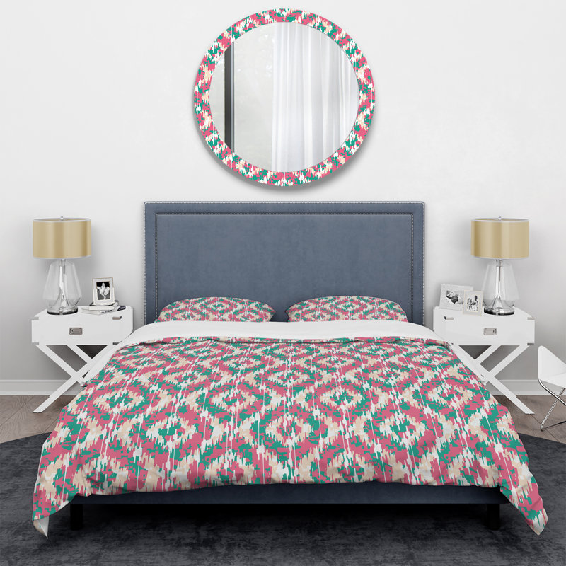 Ensemble de housse de couette à motif ikat rose et vert Ogee, Housse de couette pour très grand lit et 2 très