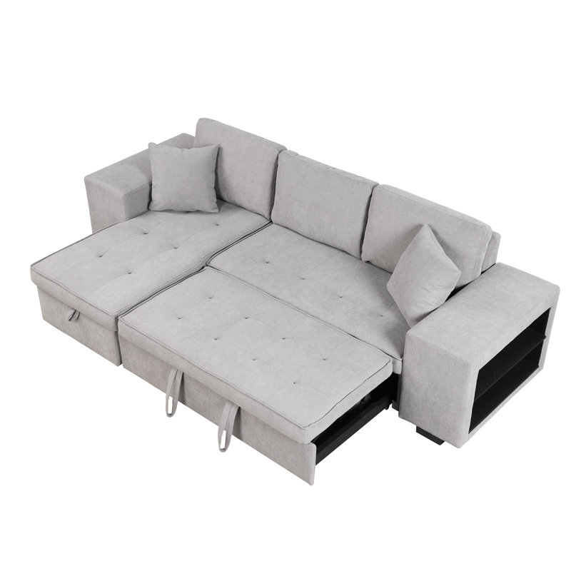 104.5" L-Shape Sectional Couch With Sleeper, Chaise Storage And 2 Stools For Living Room, Gray Sleeper Bed Storage, Stools, Linen Upholstery