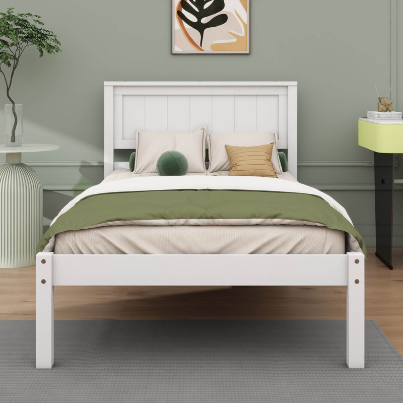 Base de lit plateforme avec tête de lit et lattes en bois, Blanc