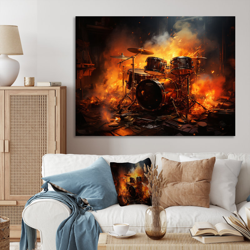 " Orange Black Fire Drums Tools Music I " Mixed Media Print, H 16 po x l 32 po x P 1 po, Toile tendue
