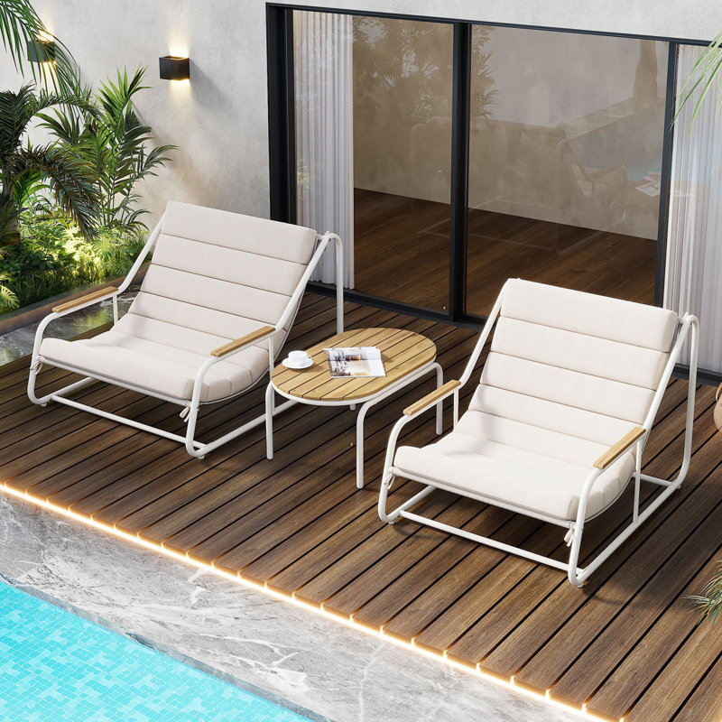 Ensemble de chaises longues d'extérieur 3 pièces avec table d'appoint en acacia et 2 chaises longues de piscine, Blanc