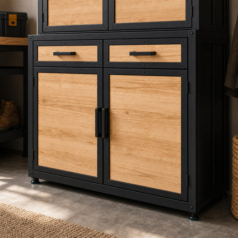 Armoire de rangement industrielle en bois de pin et en fer Aaliyah H 83 po avec 2 tiroirs, 4 portes et poignées noires pour le garage ou le bureau personnel