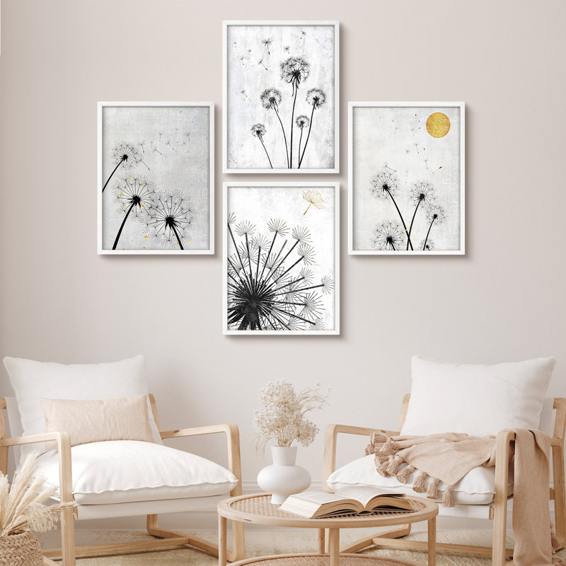 «Rustic Dandelion Grey», reproduction d'art moderne encadrée, affiche, salle de bain, petit art mural, Blanc / Blanc