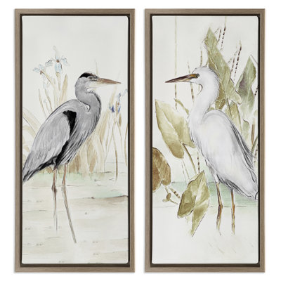 Heron Egret Marsh Landscape 2 PC Brown Framed Floater Canvas Set by Lanie Loreth