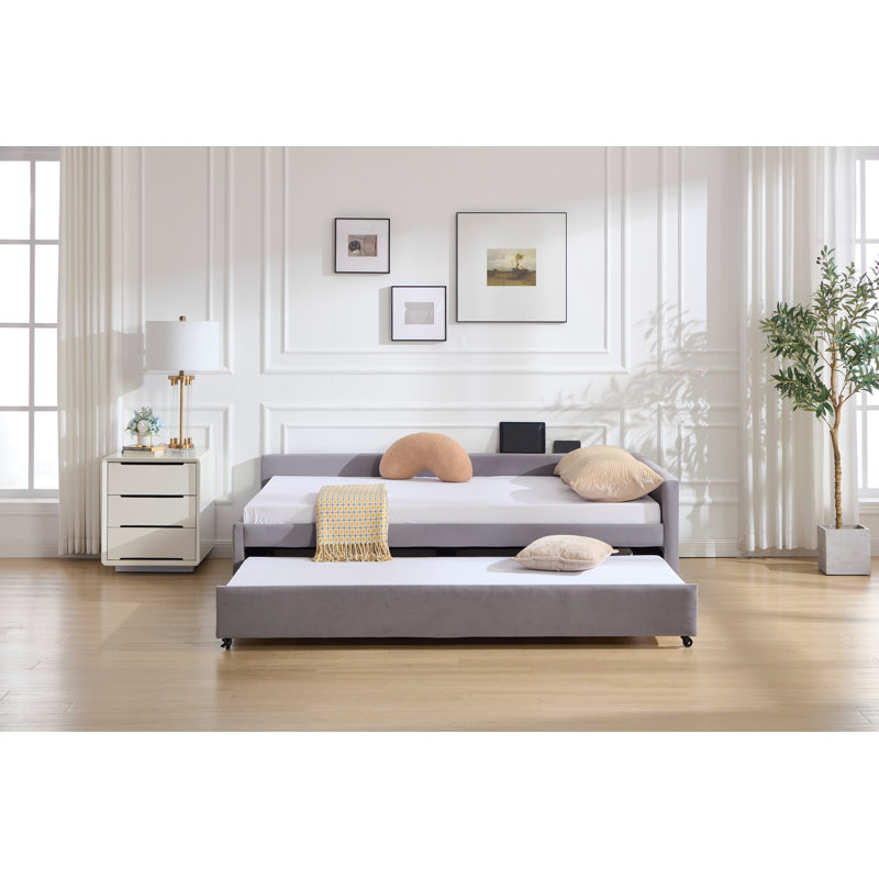 Upholstered Daybed With Trundle,Sturdy Wooden Bed Frame, Modern Diamond Grid Design,For Bedroom, Guest Room (Grey), Gray