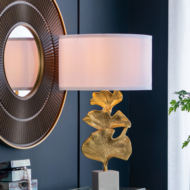 Lampe de table, lampe de table en feuille de ginkgo dorée D17 x 30,2 po avec base en marbre et abat-jour tambour blanc (assemblage de l'abat-jour requis)