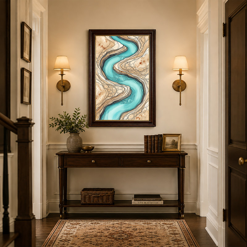 «Winding Turquoise River» qui coule à travers un terrain brun, art mural, 18"H x 12"W