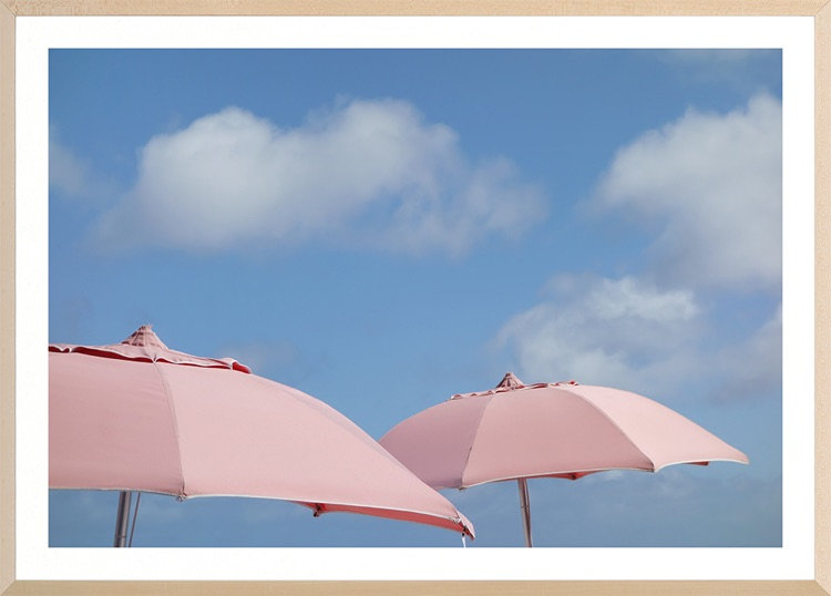 Waikiki Umbrellas Print by Mimi Payne, Maple Framed Paper