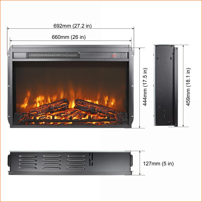 Foyer électrique encastrable 26 po traditionnel avec flamme réaliste, télécommande et amp; Minuterie | Verre trempé + tôle + plastique | Noir antique