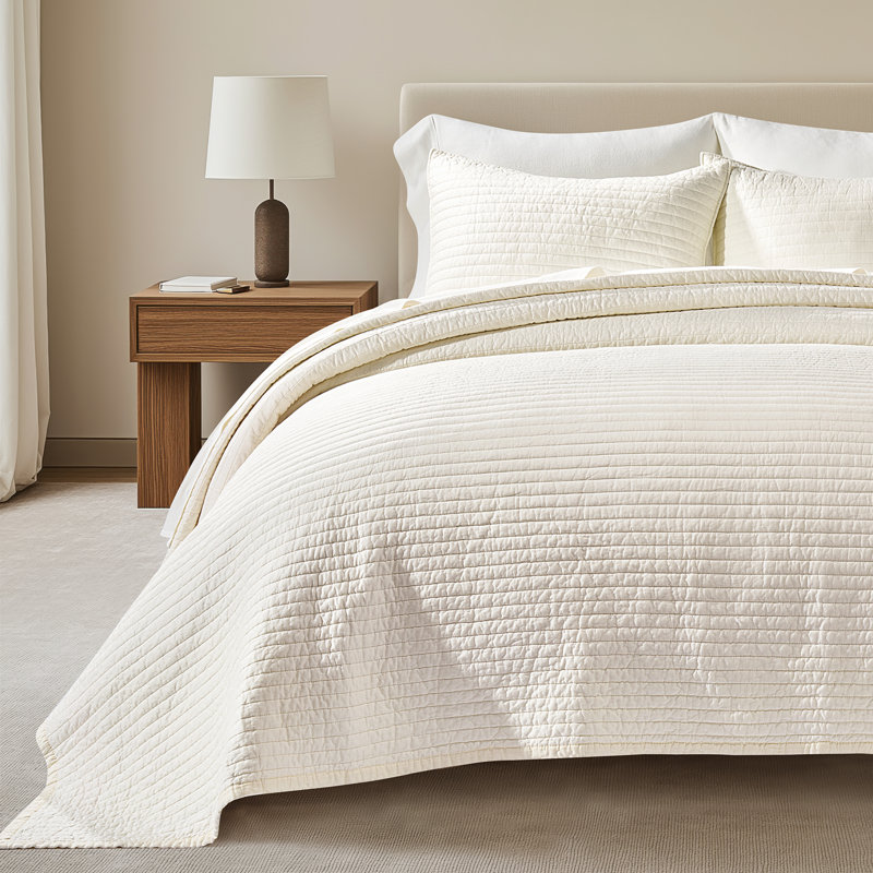 Ensemble de courtepointe en coton et satin, Courtepointe très grand et 2 très grandes taies, Ivoire blanc