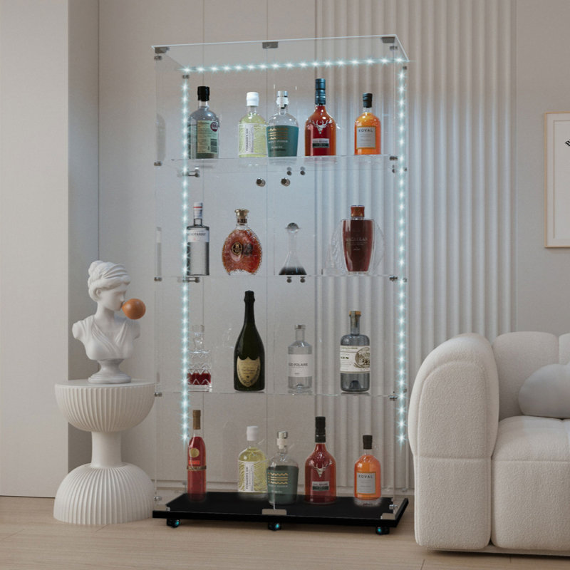 Tempered Glass Display Cabinet,Wine Cabinet, Storage Cabinet,File Cabinet,With Bluetooth LED Strip,Can Be Controlled By Remote Control Or Mobile APP,Swivel Casters,Can Be Placed Anywhere