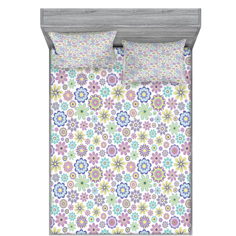 Microfiber Floral Sheet Set, Queen Sheet Set + Fitted Sheet + 2 Pillowcases