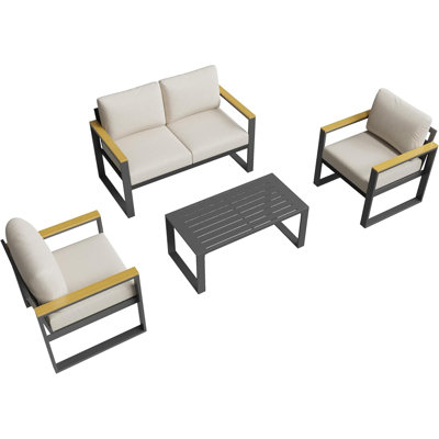 4-Piece Aluminum Patio Conversation Set with Coffee Table, 4-Seat Outdoor Sofa Set with Washable Cushions for Balcony, Garden, Deck, Backyard