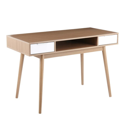 Pebble Contemporary Double Desk In Natural Wood With  Wood Drawers
