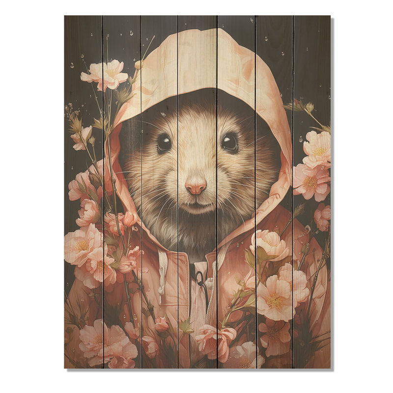 Souris élégante rococo dans une robe rose II - rongeur sur bois, H 20 po x l 10 po