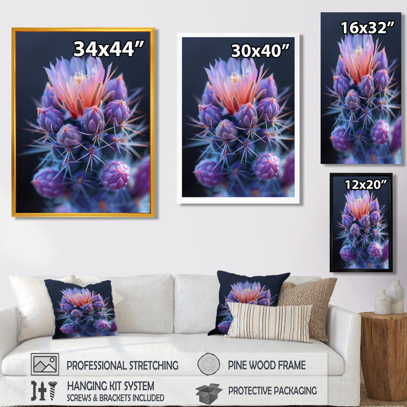 Cactus rose et mauve, H 44 po x l 34 po x P 1,5 po, Toile encadrée blanche avec une seule photo