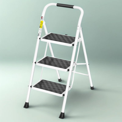 3 Step Ladder For Adults, Folding Step Stool With Wide Anti-Slip Pedals, Ergonomic Cushioned Handle And Automatic Safety Lock, Heavy Duty Steel Frame