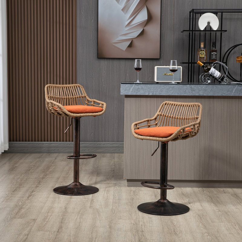 Tabourets de bar orange, ensemble de 2, hauteur réglable avec repose-pieds, pivotants, pour la cuisine et la salle à manger, base en métal, capacité de charge de 113 kg (250 lb).