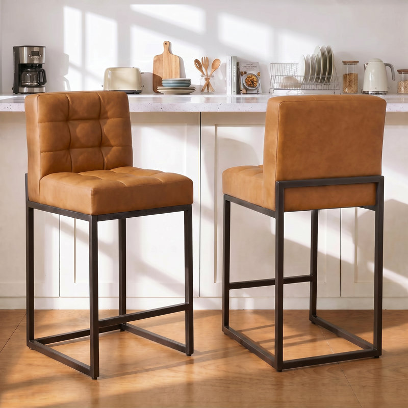 Modern Counter Height Bar Stools Set of 2,25 inch Checkered Wiring Thick Upholstered Barstools with Back Sturdy Metal Legs, Brown Faux Leather Counter Stools for Kitchen Island (Set of 2)