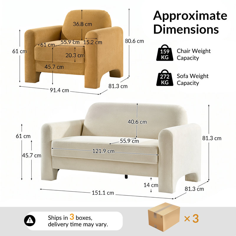 2 Piece Chenille Standard Living Room Set, Ivory Cream/Camel