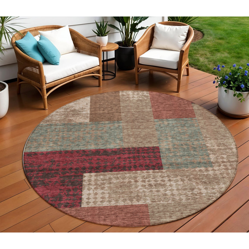 Tapis d'intérieur rond 8 po à motif géométrique lavable brun et terre cuite
