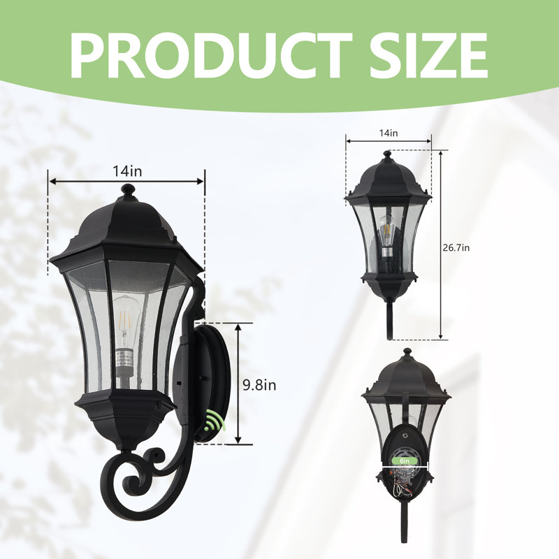 1 lumière 27 po Grand luminaire mural d'extérieur noir Dusk To Dawn, H 26,7 po x l 14 po x P 14 po