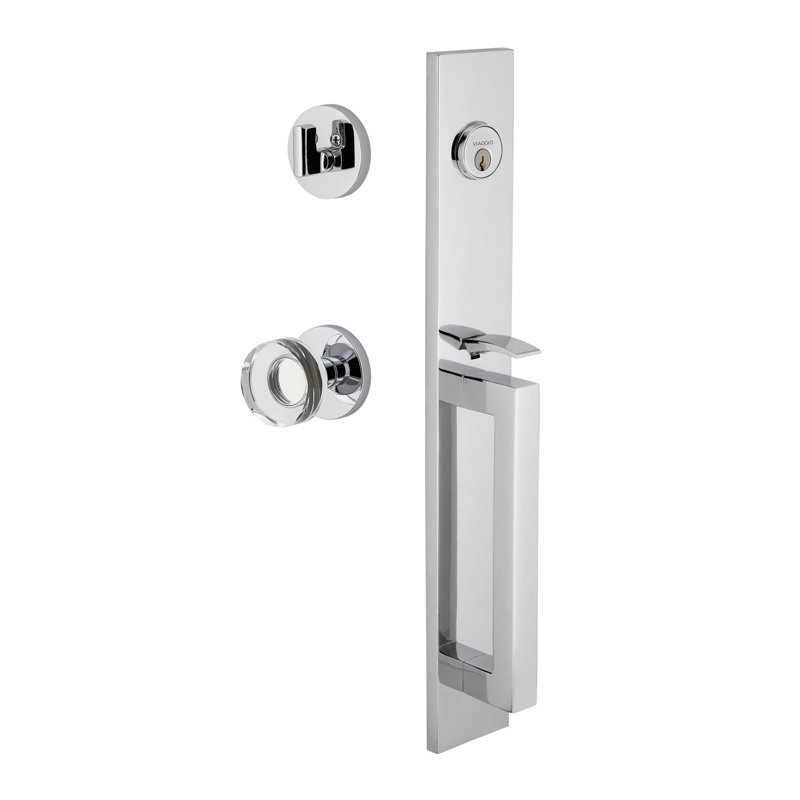 Viaggio Quadrato One-Piece Handleset With D Grip And Circolo Rosette With Circolo Crystal Knob, Bright Chrome, 2.375"