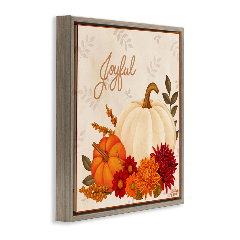 «Joyful Floral Pumpkins», art mural sur toile par Mardell Schuster, H 25 po x l 25 po, Cadre flottant orme Montalcino