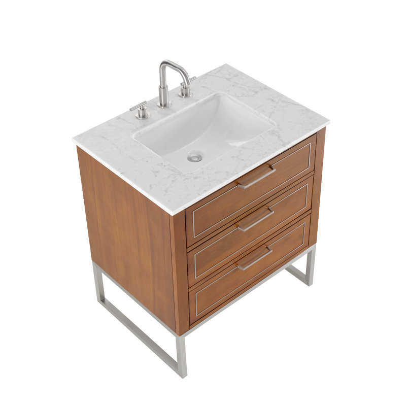 Markham 30'' W Single Vanity, Carrara Marble, Brushed Nickel, Walnut