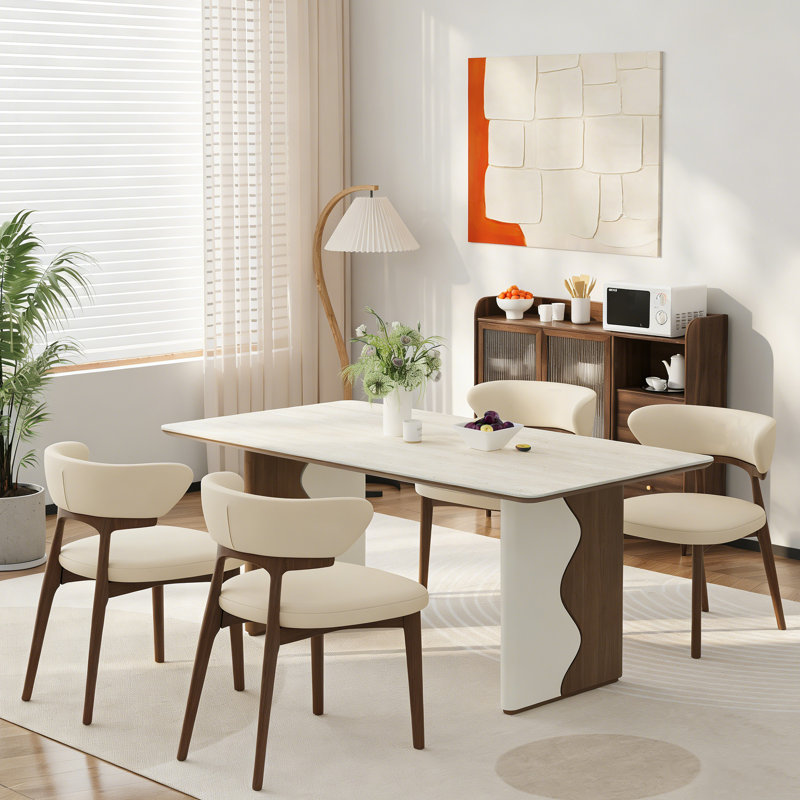 5-Piece Rectangle Dining Table Set For 4-6 People,63" Stone Tabletop Dining Table With 4 Modern Faux Leather Dining Chairs