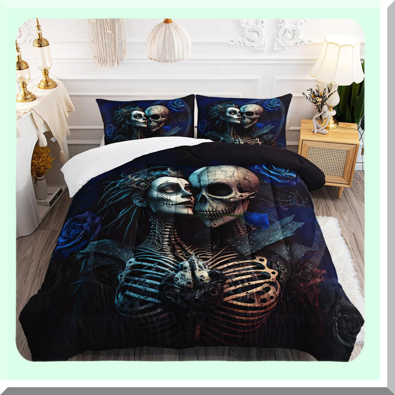 Blue Rose Skull Comforter Set - Queen Size 3D Bedding Set with Skeleton Bones Design - Gothic Duvet Set with Quilt and Pillowcases - Skull Couple Theme