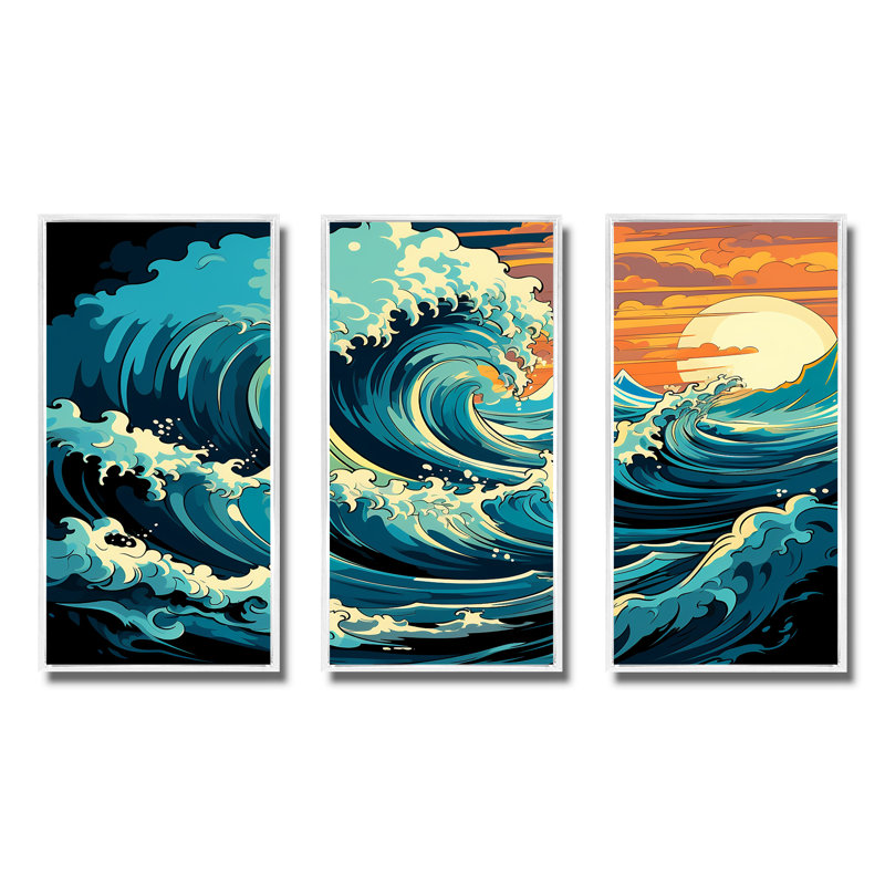 Vagues japonaises dans une tempête II - art mural tropical côtier, Cadre flottant blanc, H 28 po x l 36 po x P 1 po