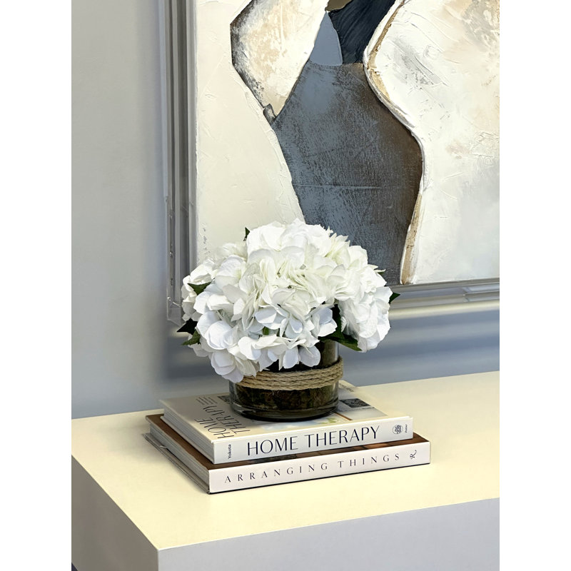 Hydrangea in Glass vase with Moss, White
