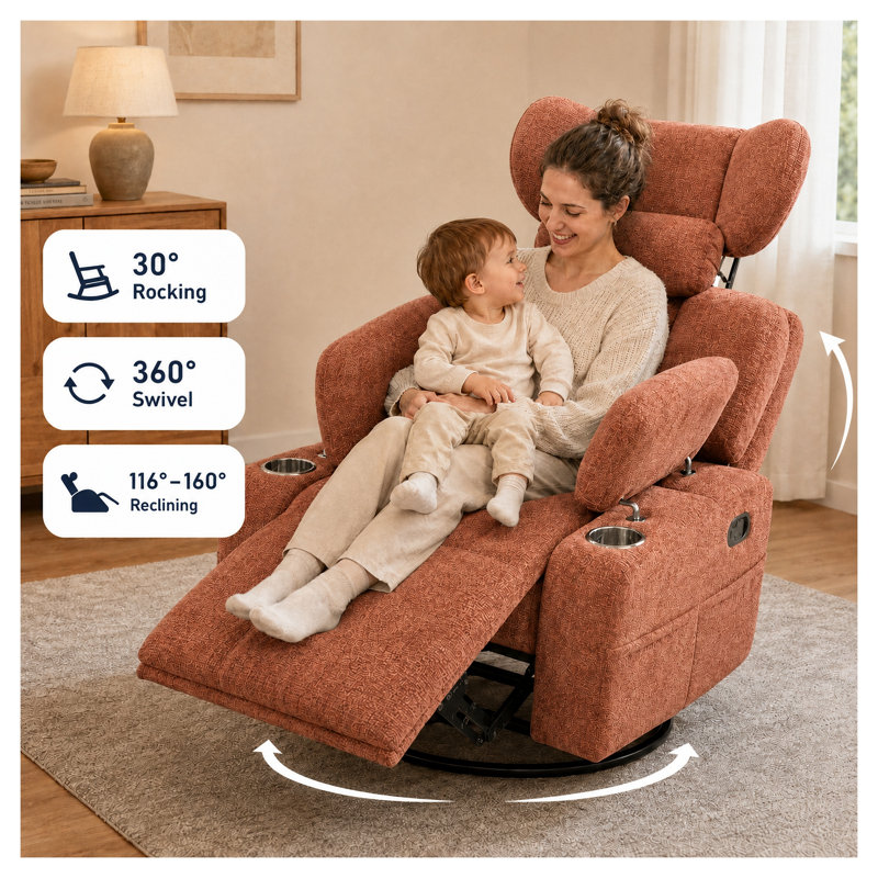 Fauteuil inclinable à bascule manuel supplémentaire avec base pivotante à 360 degrés et coussin cervical amovible en chenille orange et brun foncé