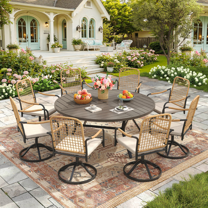 8-person Round Outdoor Patio Dining Set With Swivel Rattan Armchair, Gray Woodlike