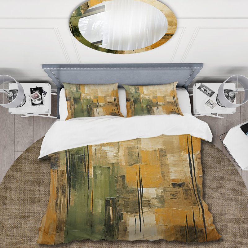 Green Beige Wild Essence Collage I - Ensemble de housse de couette abstrait - Microfibre de polyester