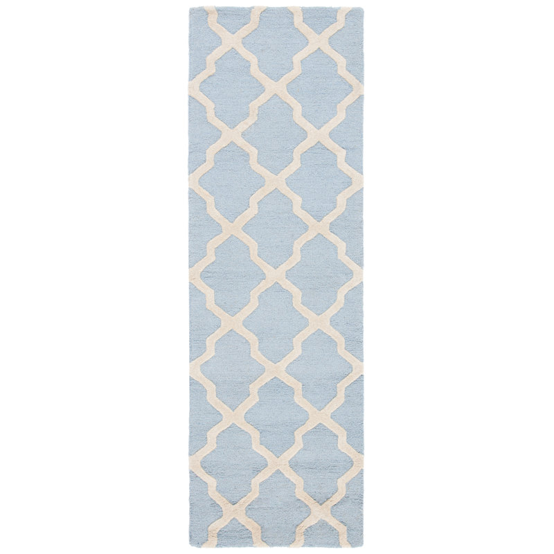 Cannen Hand Tufted Wool Geometric Rug, Runner 2'6" x 12', Light Blue/Ivory