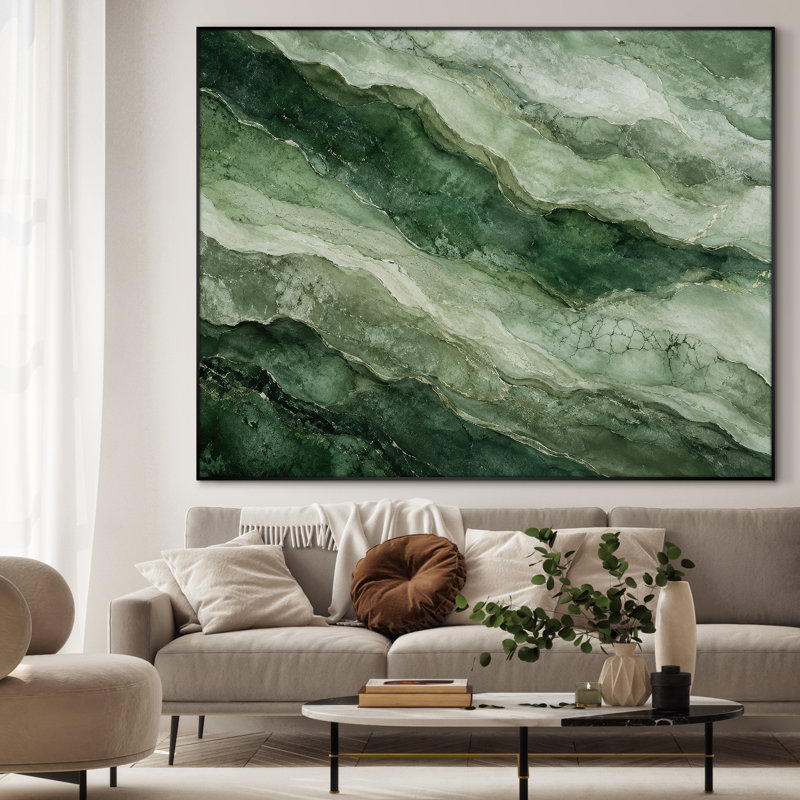 Très grand art mural imprimé sur tissu - Vague de marbre vert abstrait, décor de chambre à coucher contemporain - "Assemblage requis (cadre non fini)"