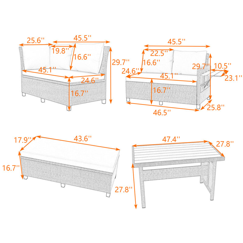 Ensemble de conversation 5 pièces en osier d'extérieur avec tables d'appoint extensibles et coussins confortables