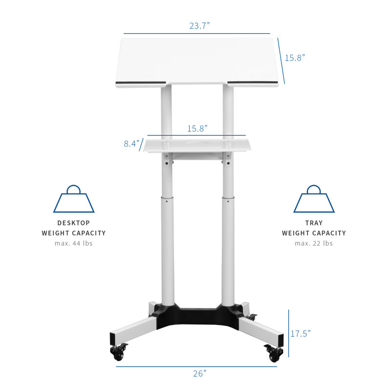 White Adjustable Steel Mobile Podium with Storage Tray