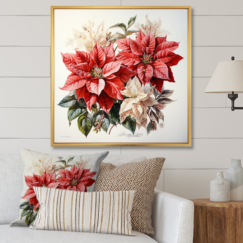 Charmant poinsettias sur toile, Cadre flottant doré, H 24 po x l 24 po x P 1 po