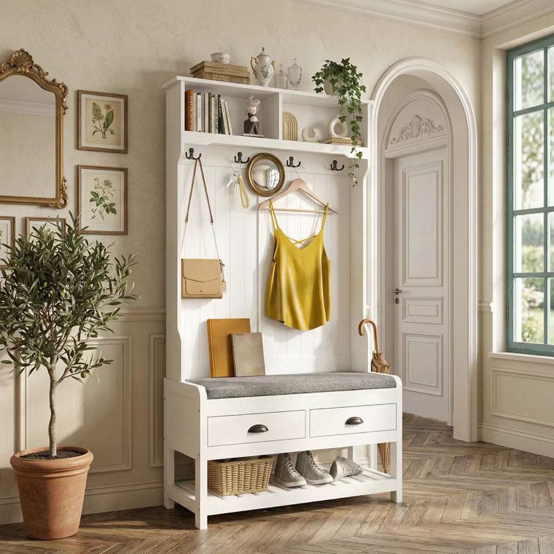 Arbre d'entrée de 34,3 po de large avec banc et rangement pour chaussures Castora, Gris foncé