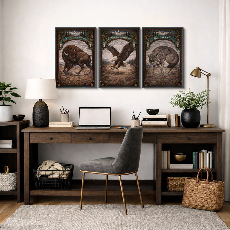«Rustic Wildlife Animal Kingdom», art de Buffalo, H 36 po x l 72 po, Structure noire, 3 pièces Bull, Eagle, Wolf