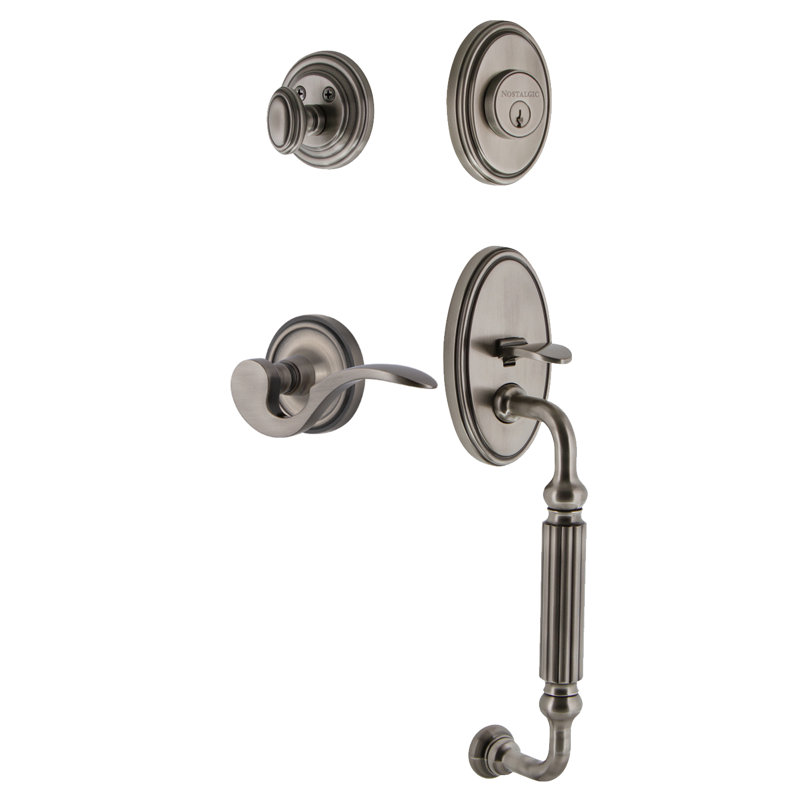 Nostalgic Warehouse Classic Plate F Grip Handleset with Single Cylinder Deadbolt and Manor Lever, Antique Pewter, Right