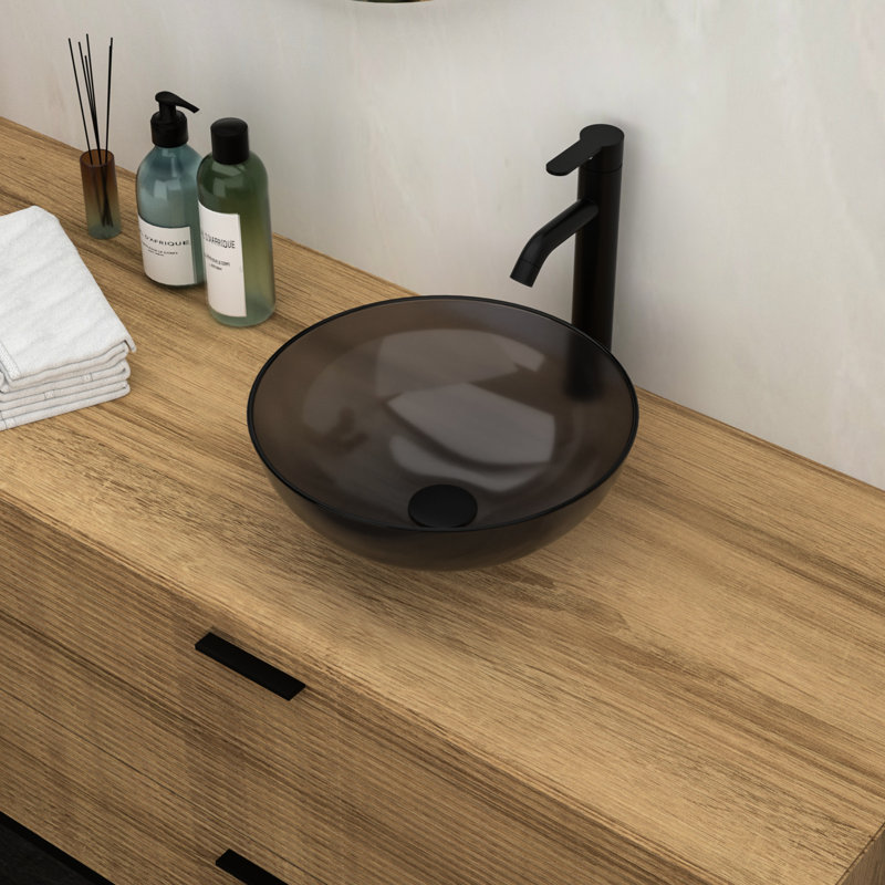 Lavabo de salle de bain gris en verre trempé avec bonde escamotable pratique, 16,29 po x 16,29 po x 5,37 po Lurantly, 16,29 po x 16,29 po x 5,37 po